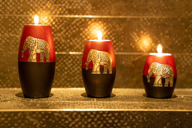 NewNest Australia - IYARA CRAFT 3 Wooden Candle Holders– Decorative Candle Holders with Inlaid Aluminium Antique Elephant – Intricate Details – Matte Wood Finish – Ideal for Modern & Rustic Settings (Rugby Shape) 