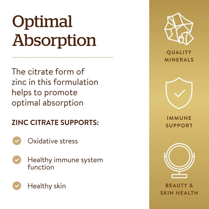 Solgar Zinc Citrate 30 mg, 100 Vegetable Capsules - Zinc for Healthy Skin, Taste & Vision - Immune System & Antioxidant Support - Citrate Form for Optimal Absorption - Non GMO, Vegan - 100 Servings - NewNest Australia