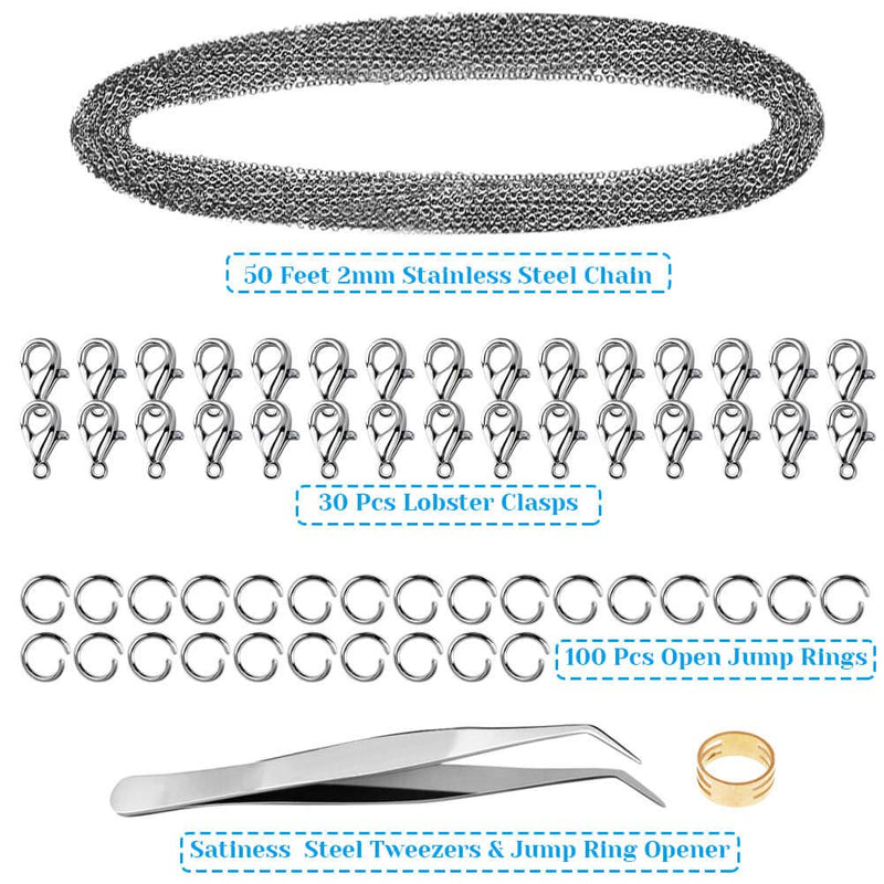 Chains for Jewelry Making, Anezus 50 Feet Stainless Steel Jewelry Chain Bracelet Chains 2.0mm Silver Thin Chain with Jump Rings Lobster Clasps for Making Jewelry DIY Necklace Making - NewNest Australia