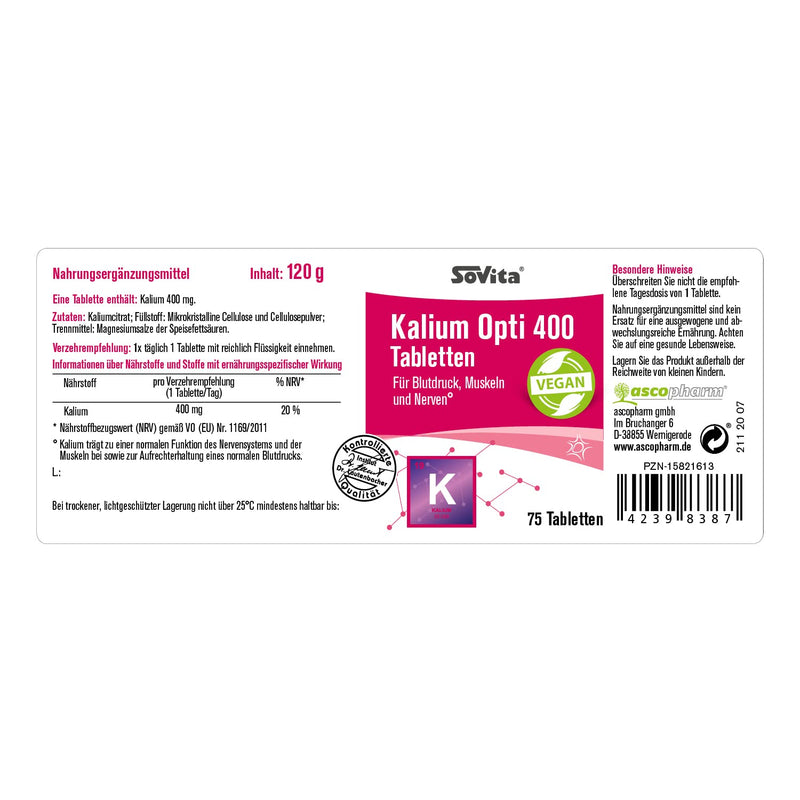 sovita Kalium Opti 400 tablets, 400 mg potassium, for blood pressure, muscles and nerves, high-dose dietary supplement, 75 tablets - NewNest Australia