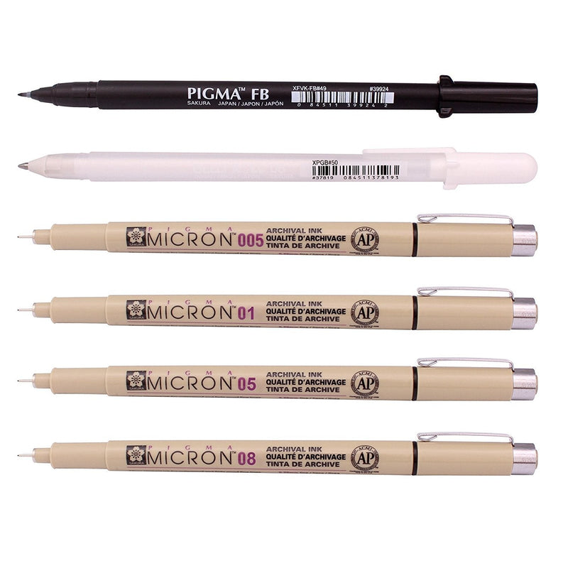 Sakura Pigma Manga Basic Set (005, 01, 05, 08, FB, White) 6 Piece Set - NewNest Australia