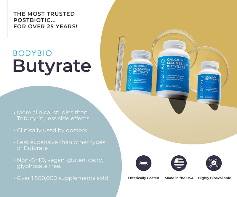 Gut Health Supplement 60 Caps - Butyrate + Sodium | The Ultimate Postbiotic | No Bloating | No Gas | Great Poops | Supports Healthy Digestion | Leaky Gut Repair | No Filler or Additives by BodyBio 60 Count (Pack of 1) - NewNest Australia
