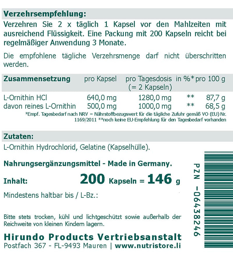 L-Ornithine 500 mg per capsule - 200 pieces - 3 month supply - NewNest Australia