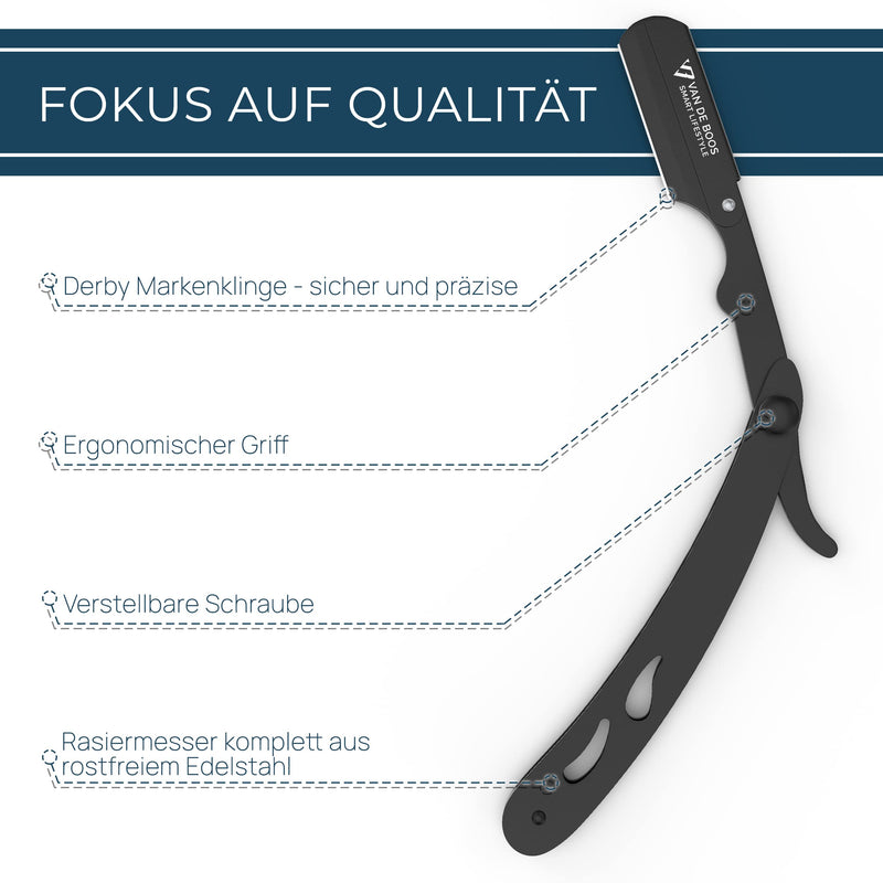Van De Boos® razor set with 100 Derby interchangeable blades - high-quality stainless steel barber beard knife with extra sharp blades - barber razor knife for precise beard wet shaving (men) stainless steel black + 100 Derby Professional - NewNest Australia