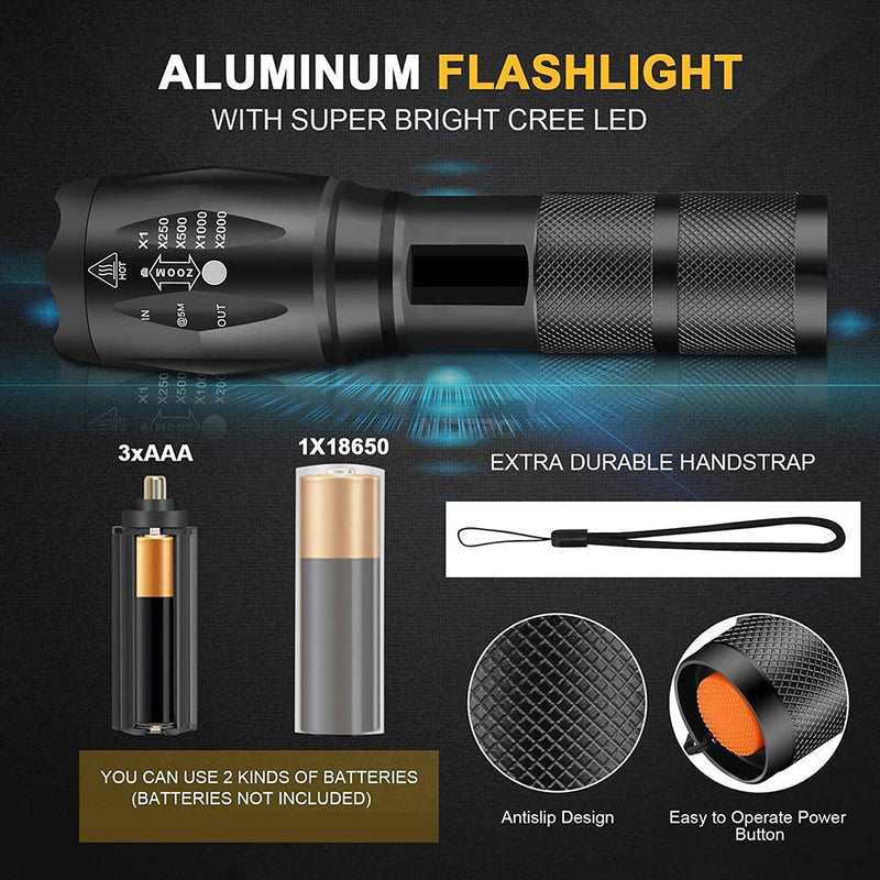 Ultra-Bright Flashlights, 2000 Lumens XML-T6 LED Tactical Flashlight, Zoomable Adjustable Focus, IP65 Water-Resistant, Portable, 5 Light Modes for Indoor and Outdoor,Camping,Emergency,Hiking (3 Pack) - NewNest Australia