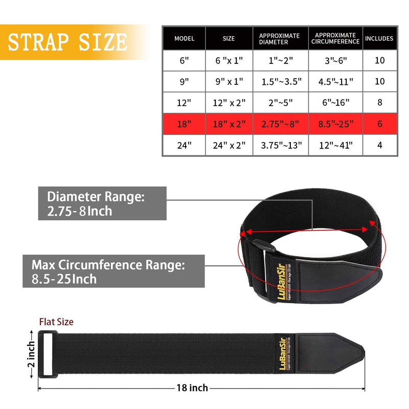 LuBanSir Cinch Straps - 2" x 18" (6 Pack) Elastic Hook and Loop Storage Straps with Buckle for Bicycle, Truck, Boat and More for Extension Cords, Ropes, Hoses Organization - Black 6 Pack - 2x18 - NewNest Australia