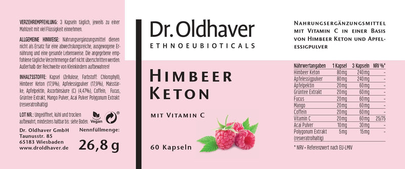 Dr. Oldhaver Raspberry Ketone (60 Capsules), Lactose Free & Gluten Free, Free from Dyes, Premium Quality, with Vitamin C for Energy Metabolism - NewNest Australia