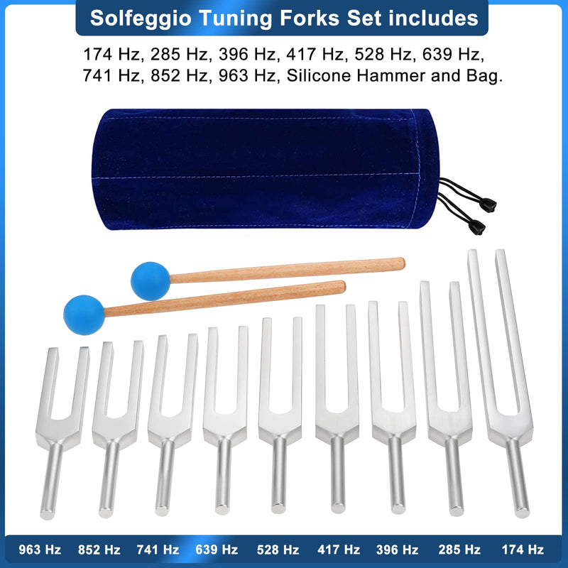 Dreld 9-Piece Solfeggio Tuning Fork Set With Silicone Hammer & Bag, 174/285/396/417/528/639/741/852/963 Hz Tuning Forks For Dna Repair, Healing, Sound Therapy, Aluminum Medical Tuning Fork Solfeggio Tuning Forks Set Of 9 Silver2 - NewNest Australia