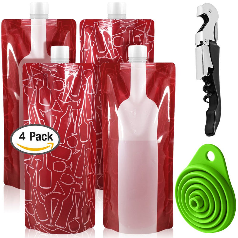 SENHAI Foldable Wine Bag, 750 ml, Portable Reusable Plastic Wine Bottle Pouch, 4 Pack Collapsible Liquid Leak Proof Flask Holder for Wine Liquor Beverages, Travel, Gift - Red - NewNest Australia