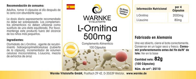 L-Ornithine capsules - 500mg L-Ornithine per capsule - high dosage & vegan - 100 capsules - amino acid | Warnke vital substances - NewNest Australia