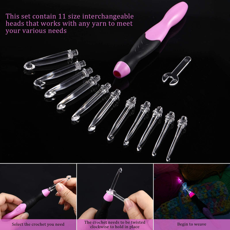 11 Sizes Lighted Crochet Hooks Set Rechargeable Crochet Hook Light Up Crochet Hooks with Case, Interchangeable Heads 2.5 mm to 8 mm for DIY Craft Supplies (Pink-Black) Pink-Black - NewNest Australia