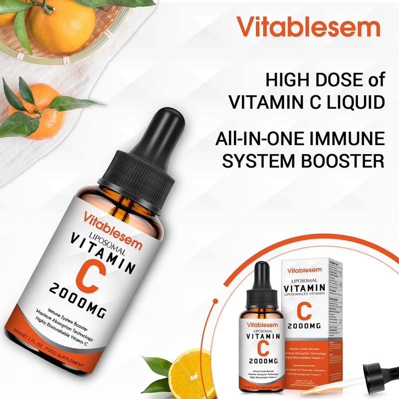 Liposomal Vitamin C Liquid 2000 mg, High Dose Ascorbic Acid, Maximum Absorption Vit C Drops, Vegan 60 ml (Pack of 1) - NewNest Australia