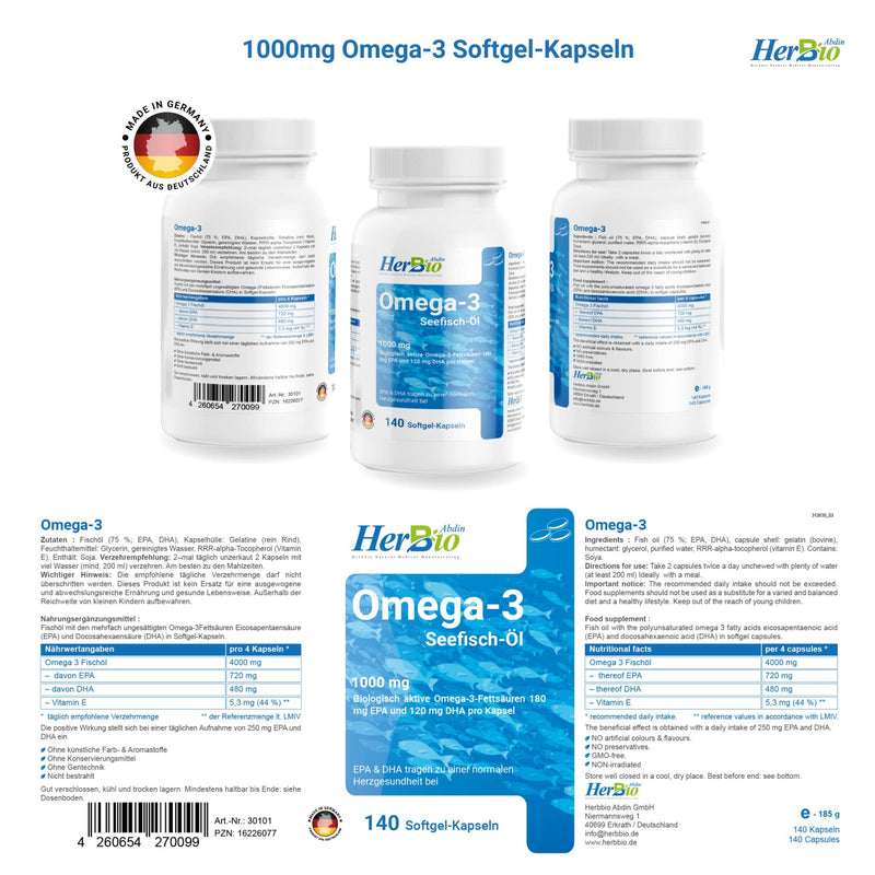 Herbbio Omega-3 Capsules High Dose - 140 Softgel Capsules With 1000Mg Fish Oil, 180Mg Epa And 120Mg Dha Per Capsule, Omega-3 Fatty Acids, Halal Certified, 100% Beef Gelatin, Made In Germany - NewNest Australia