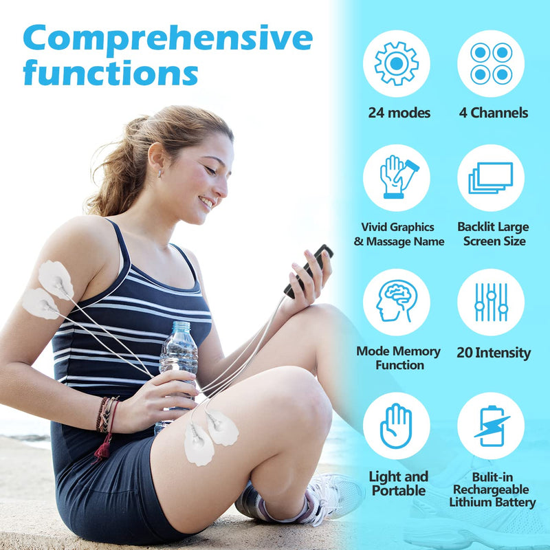 Easy@Home TENS Machine for Pain Relief - 24 Modes 4 Channels TENS Machine Portable Rechargeable for Arthritis, Back, Labour, Period, Sciatica, Knee, Nerve, Endometriosis, Muscle & Joint Pain Relief - NewNest Australia
