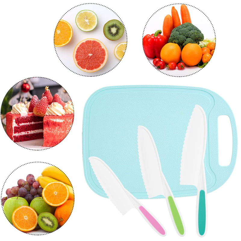 DIKAKO Kids Knife 3-Piece with Cutting Board - Toddler Knife Set Children's Cooking Nylon Knives - Serrated Edges and Firm Grip Suitable for Cutting Salad, Fruit, Cake, Lettuce (3 Sizes & Colors) - NewNest Australia