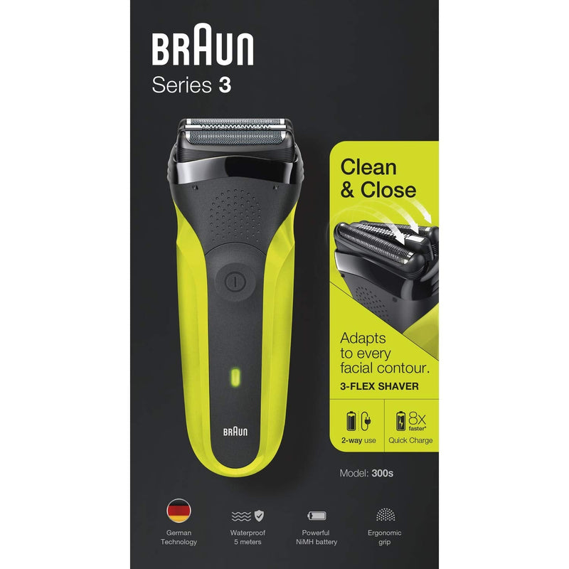 Braun Series 3 300S Electric Shaver with 3 Flexible Blades, Rechargeable and Cordless, Electric Shaver with Washable Foil, Black/Electric Green (Pack of 1) Single - NewNest Australia