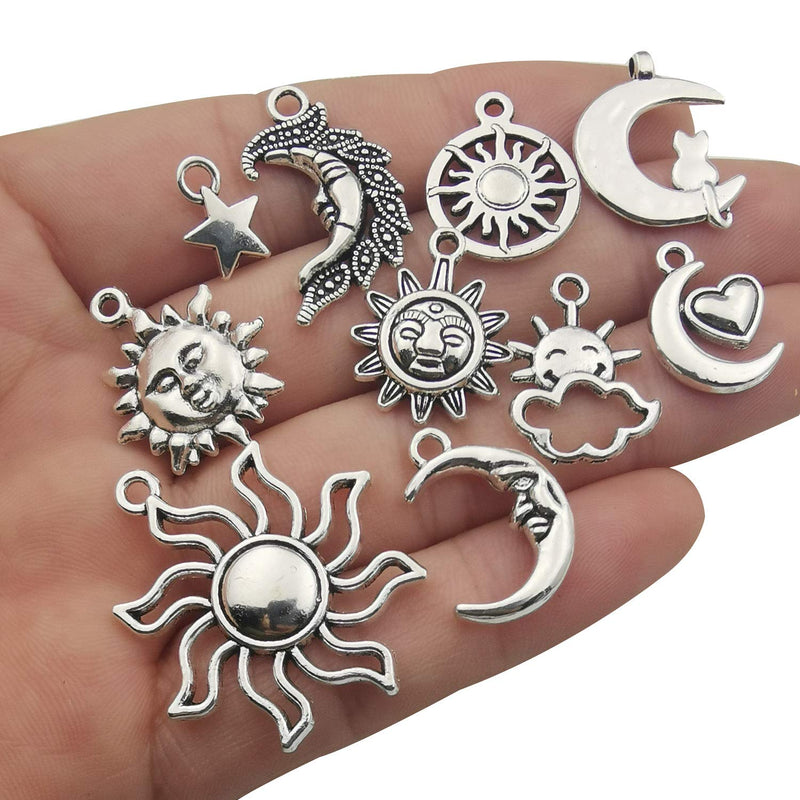 100g(80pcs) Craft Supplies Mixed Antique Silver Sun Moon Stars Charms Pendants for Crafting, Jewelry Findings Making Accessory for DIY Necklace Bracelet (M250) - NewNest Australia