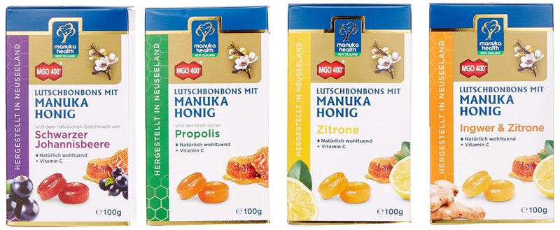Manuka Health Honey Lollipops, Mixed Box with 4 Varieties, Blackcurrant, Propolis, Lemon, Ginger & Lemon (4 x 100g) - NewNest Australia