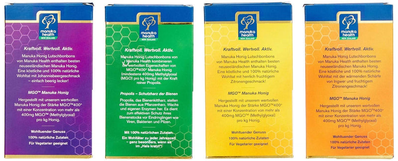 Manuka Health Honey Lollipops, Mixed Box with 4 Varieties, Blackcurrant, Propolis, Lemon, Ginger & Lemon (4 x 100g) - NewNest Australia