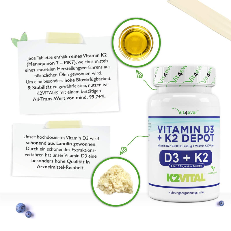 Vitamin D3 10,000 IU + Vitamin K2 200 mcg Menaquinone MK7 Depot - 180 tablets - 99.7+% All-Trans (K2VITAL® from Kappa) - Laboratory tested - Vegetarian - High dosage - Premium quality 180 pieces (pack of 1) - NewNest Australia