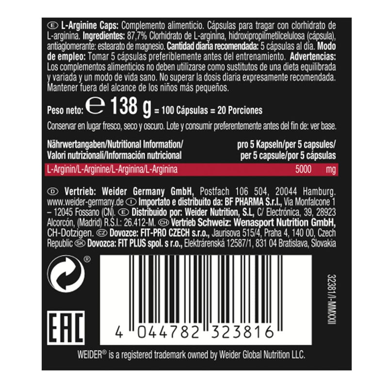 Weider L-Arginine Capsules High Dosage With 5,000 Mg Arginine Per Serving, Pre-Workout Amino Acid Capsules With Bioavailable, Plant-Based Arginine Hcl, Vegan, 100 Capsules - NewNest Australia