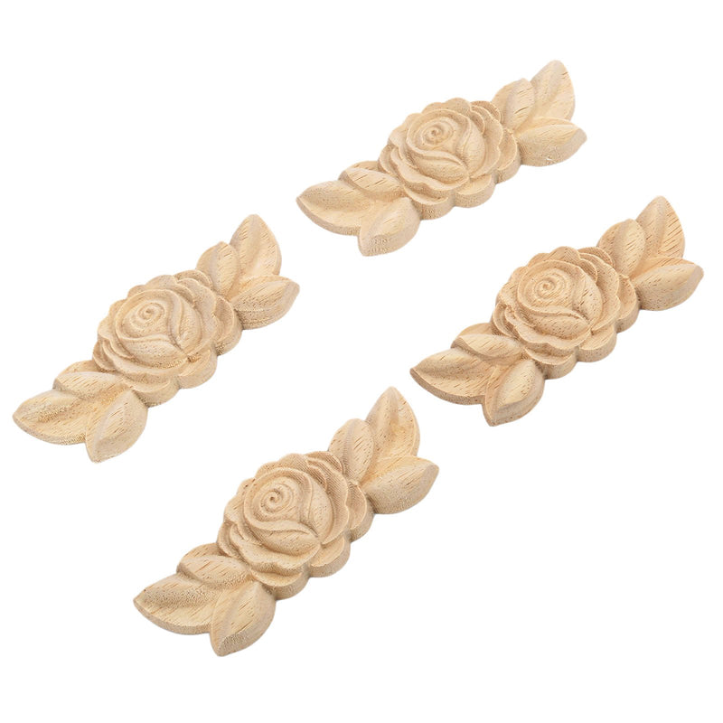 NewNest Australia - MUXSAM 4Pcs Wood Carved Molding Corner Onlay Applique Rose with Stem Door Cabinet Decor Unpainted Dress Up Furniture, 9x3.5x0.8cm/3.54"x1.38"x0.3", E Style 4-Pack E-style 