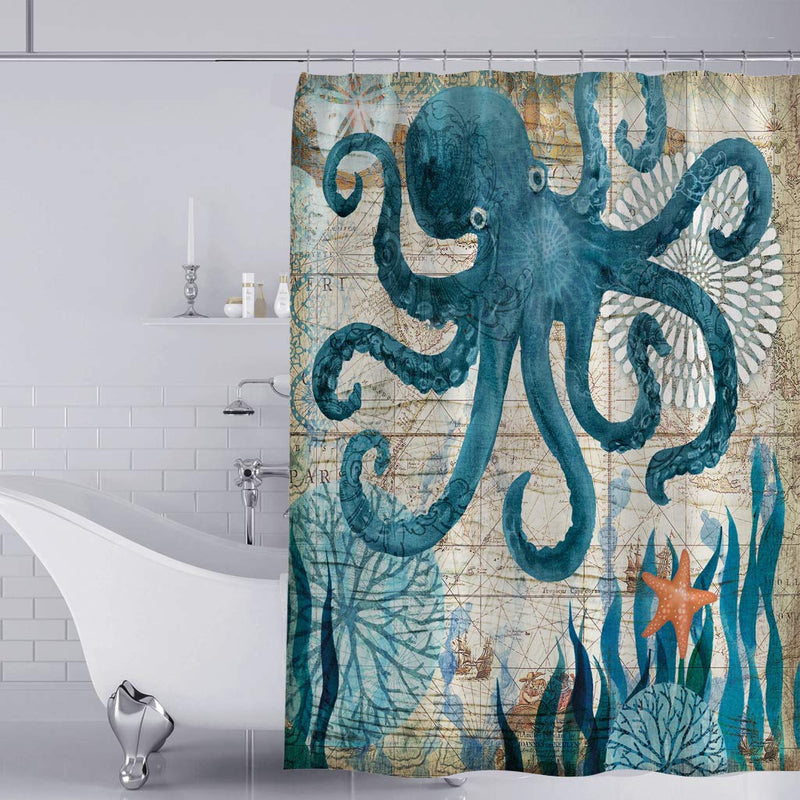 Muuyi Octopus Shower Curtain Kraken Shower Curtain - Funny Shower Curtains for Bathroom - Octopus with Ship Sail Old Boat in Ocean Waves, Cloth Fabric Bathroom Decor Set with Hooks, 72 x 72 Inches - NewNest Australia