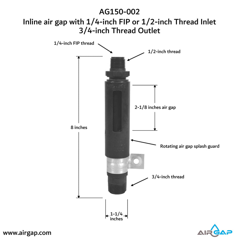 High Flow Rate Inline air gap with 1/4-inch FIP or 1/2-inch Thread Inlet and 5/8-inch Compression Fitting or 3/-inch Thread Outlet. (AG150-002, 211212, GAP-A-FLO) - NewNest Australia