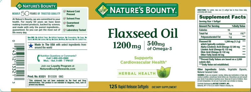 Flaxseed Oil and Omega 3 by Nature's Bounty, Dietary Supplement, Supports Cardiovascular Health, 1200 mg, 125 Softgels - NewNest Australia