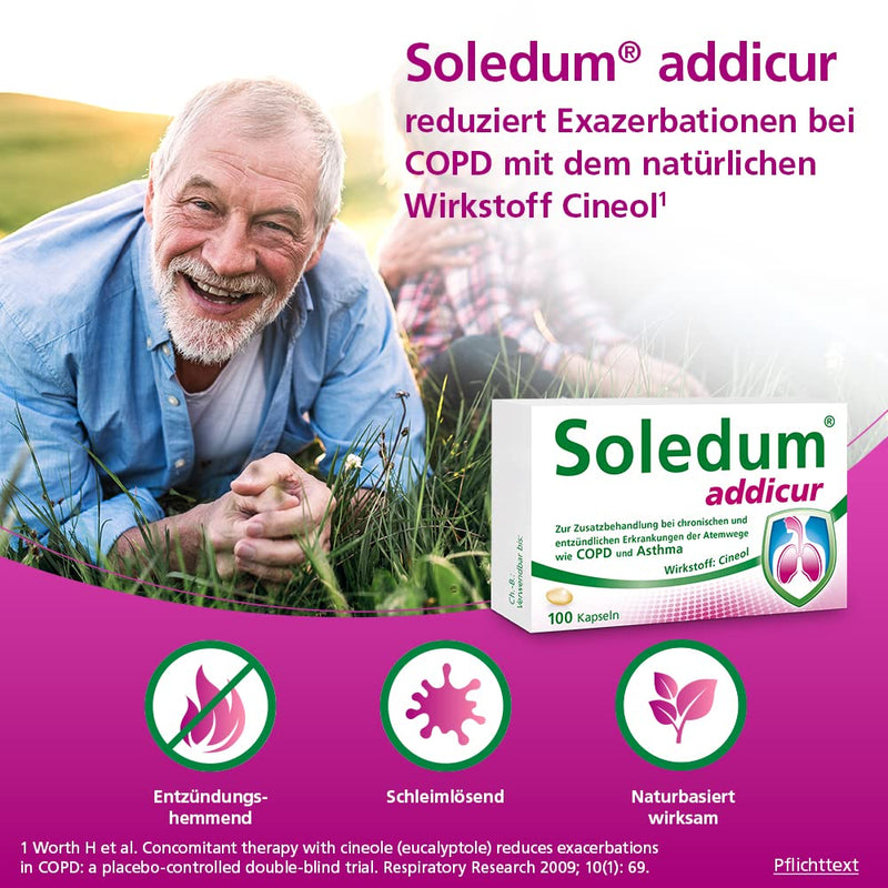 Soledum Addicur | For additional treatment of chronic and inflammatory diseases of the respiratory tract such as COPD and asthma | 100 capsules - NewNest Australia
