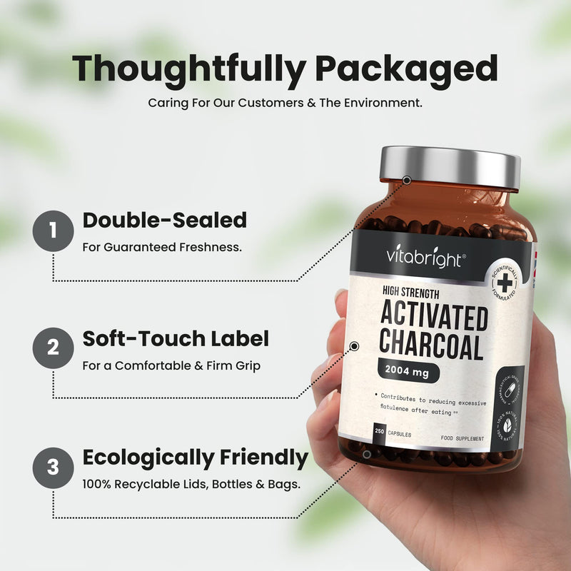 Activated Charcoal Capsules - 250 Capsules - 2004mg per Serving of 6 Capsules - from Natural Coconut Shell - for Indigestion, Bloating, Excessive Flatulence, Gas - Vegan - Made in UK by VitaBright - NewNest Australia