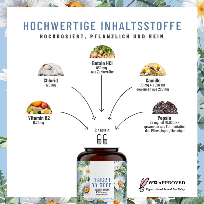 NATURTREU® Stomach Balance Betaine HCL Complex vegan - with pepsin, chamomile & chloride - support of stomach acid and digestion* - high-dose full-spectrum enzyme capsules - NewNest Australia
