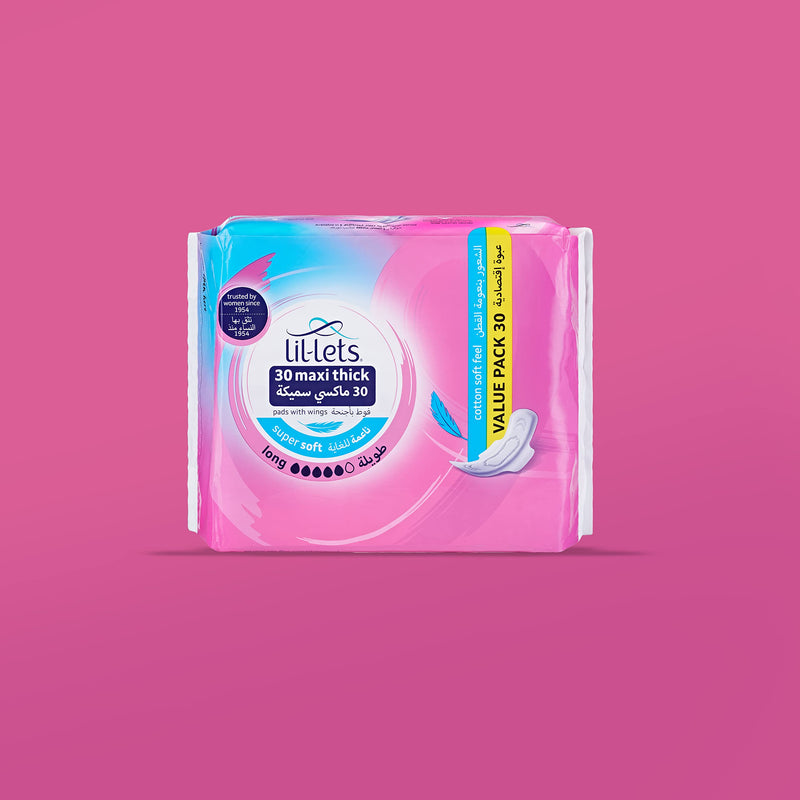 Lil-Lets Maxi Thick Period Pads X 30| Long Absorbency| with Wings | 1 Pack of 30 Maxi Pads |for Medium to Heavy Flow | Unscented | Super Soft Comfort Cover | Super Absorbency Towel - NewNest Australia