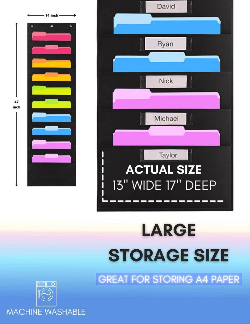 Heavy Duty Storage Pocket Chart (10 Pockets) - 3 Over Door Hangers Included - Hanging Wall File Organizer for File Folders Home/Office Papers & More - (Black), 14 inch x 47 inch - NewNest Australia