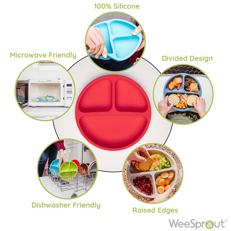 WeeSprout 100% Silicone Plates for Toddlers | 3 Pc Set | Divided Baby Plates | Non-Toxic, BPA Free | Dishwasher & Microwave Friendly | Skidproof & Unbreakable| Silicone Kids Plates with Dividers Bright Green, Blue & Grey Without Lids - NewNest Australia