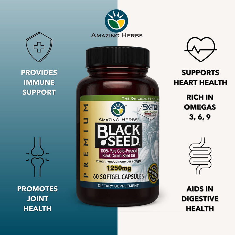 Amazing Herbs Premium Black Seed Oil Capsules - High Potency, Cold Pressed Nigella Sativa Aids in Digestive Health, Immune Support & Brain Function - 60 Count, 1250mg 60 Count (Pack of 1) - NewNest Australia