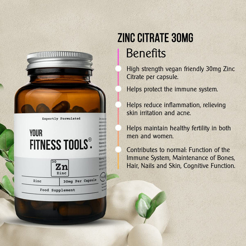 Zinc Citrate 30mg - 120 x Vegan Capsules - Zinc Supplement to Support Immune System, Hair Growth, Skin, Bones, Nails - Made in The UK by Your Fitness Tools - NewNest Australia