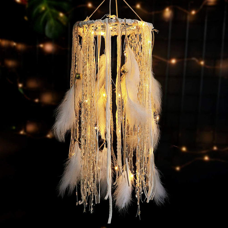 NewNest Australia - Dream Catcher Mobile Large Light Up Dream Catchers with Golden Shining Lace& Bells LED Fairy Lights Battery Powered Hanging Ornaments- 7.9Wx 22L Inches Feathers Wedding Boho Decorations Nursery Decor 