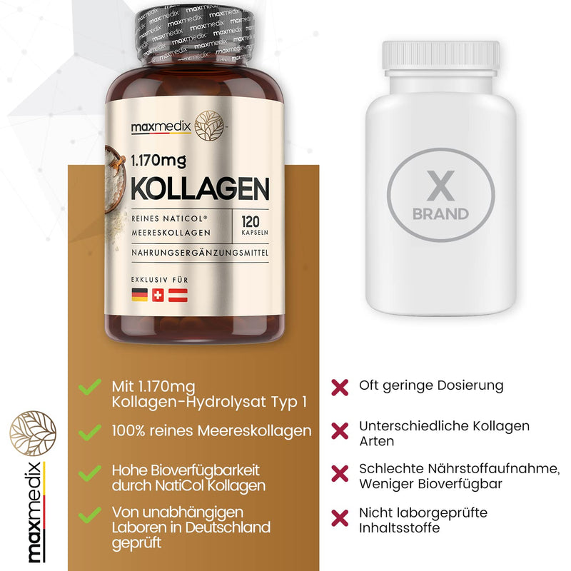 Collagen Capsules - 120 Pure Marine Collagen Capsules - 1,170 Mg Naticol Collagen Hydrolysate Type1 - Laboratory Tested In Germany By Agrolab - Fish Collagen - Collagen Protein Powder By Maxmedix - NewNest Australia