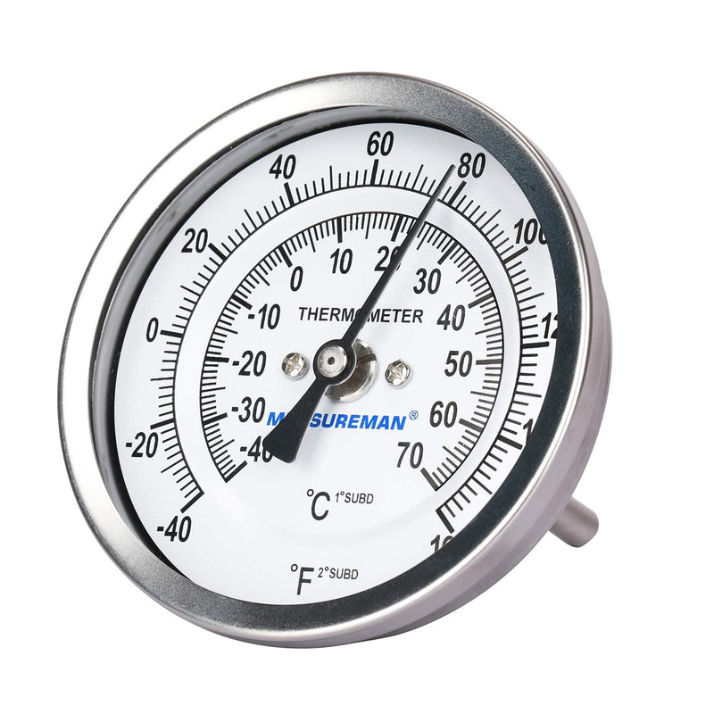 Measureman Fully Stainless Steel Pot, Kettle, Brewing Bimetal Dial Thermometer, 3" Dial, 2-1/2" Stem, -40-160 deg F/-40-70 deg C, +/-1% Accuracy, Adjustable, 1/2" NPT Back Mount -40-160 ℉/ ℃ 2.5" Stem - NewNest Australia