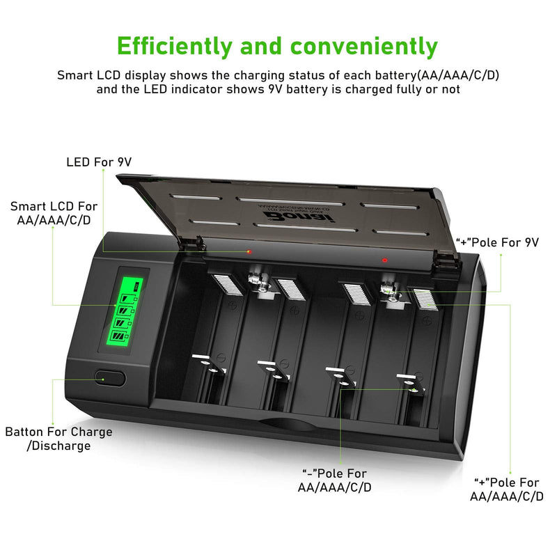 BONAI LCD Universal Battery Charger for AA, AAA, C, D, 9V Ni-MH Ni-CD Rechargeable Batteries with Discharge Function Black - NewNest Australia