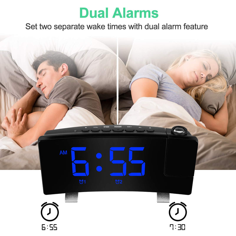 NewNest Australia - Digital Projection Alarm Clock Large 8” LED Curved Screen Display with USB Charger and Loud Dual Alarms for Bedroom, Plug-in 180° Projector 12/24 H Wall Ceiling Clock for Heavy Sleeper Kid Elderly Blue 