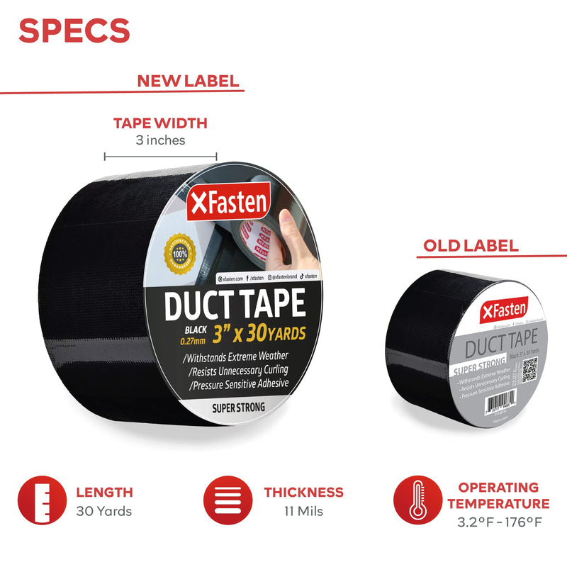 XFasten Super Strength Duct Tape, Black, 3" x 30 Yards, Indoor and Outdoor Duct Tape for School and Industrial Use- Waterproof and Weatherproof 3-Inch by 30 Yards - NewNest Australia