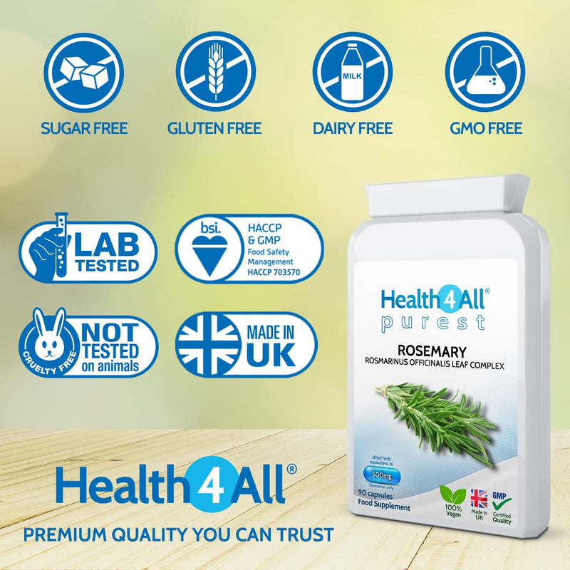 Rosemary 500mg 90 Capsules (V) . (not Tablets) Purest- no additives. Memory, Focus and Learning. Natural Vegan Nootropic. Made in The UK by Health4All 90 Count (Pack of 1) - NewNest Australia