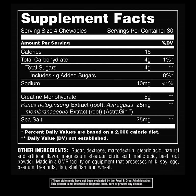 Universal Nutrition Animal Creatine Chews (Fruit Punch) Contains 5 G Easily Absorbent Creatine Monohydrate & Sea Salt For Absorption & Pump, Increases Training Capacity Of The Body, 120 Chewable Tablets - NewNest Australia
