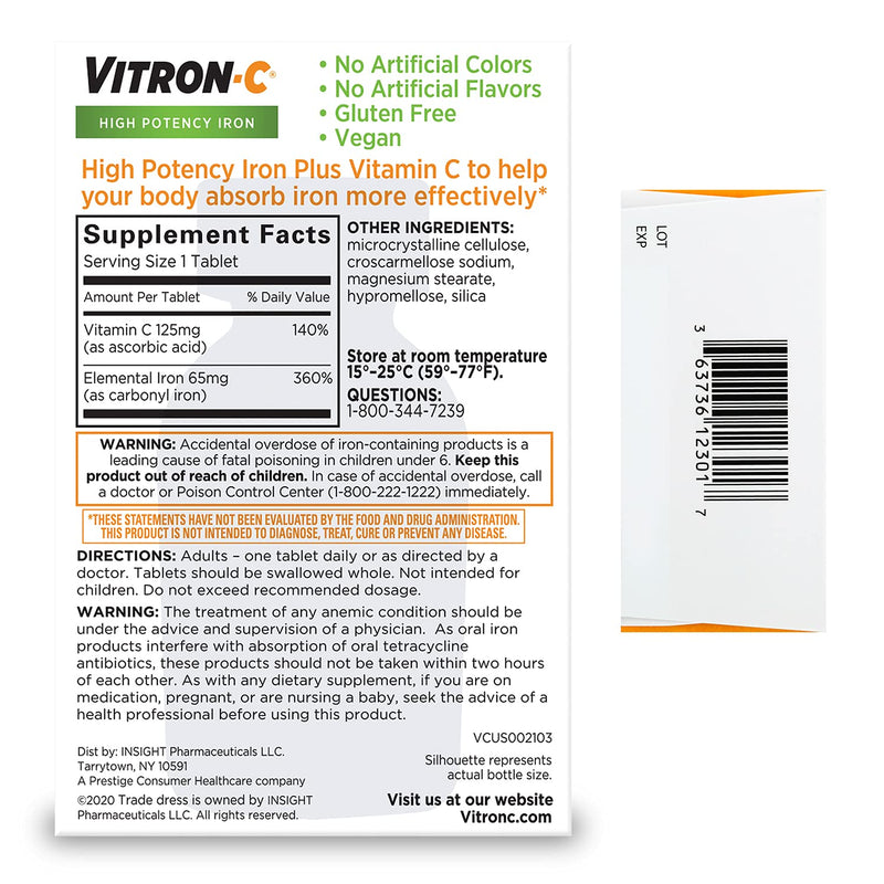 Vitron-C High Potency Iron Supplement with 125 mg Vitamin C, Dye Free, Vegan, Gluten Free, 60 Count - NewNest Australia