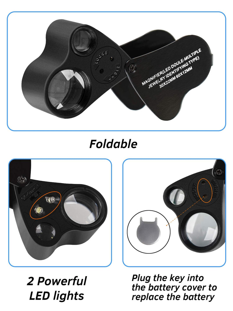 JARLINK 2 Pack Jewelry Loupes, 30X 60X Illuminated Loupe Magnifier and Foldable Jewelry Magnifier with Bright LED Light for Gems, Jewelry, Coins, Stamps, etc (Black) Black - NewNest Australia