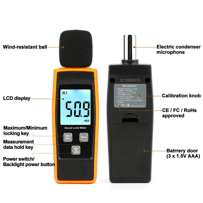 Decibel Meter Sound Level Reader 30-130dB(A), Hand-held Sound Noise Meter with Backlight Alarm, Digital Noise Meter Decibel Monitoring Tester Calibrated Audio Noise Volume Measuring Instrument - NewNest Australia
