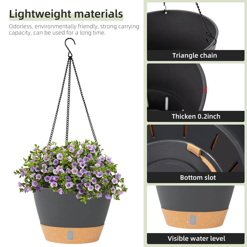 2 Pack Hanging Planters Set,10 Inch Indoor Outdoor Hanging Plant Pot Basket,Hanging Flower Pot with Drainage Hole with 3 Hooks for Garden Home(Grey) Gray - NewNest Australia