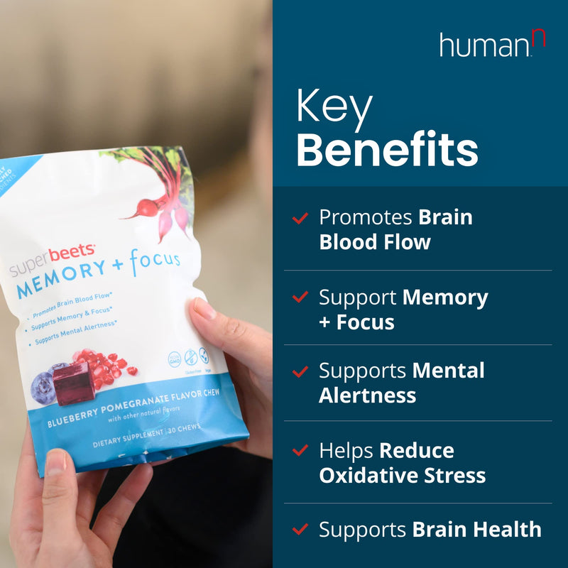 HumanN SuperBeets Memory + Focus Chews - Helps Support Brain Health & Alertness - SuperBeets Nootropic Supplement with Resveratrol & Beet Root Powder, Blueberry Pomegranate Flavor, 30 Soft Chews - NewNest Australia